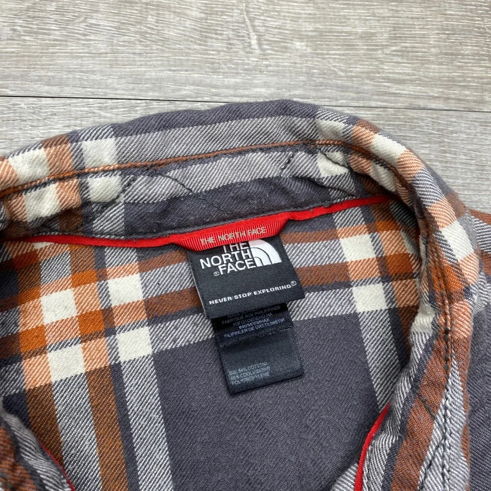 The North Face Button Down Mens L Grey Orange Plaid Flannel Outdoor Shirt